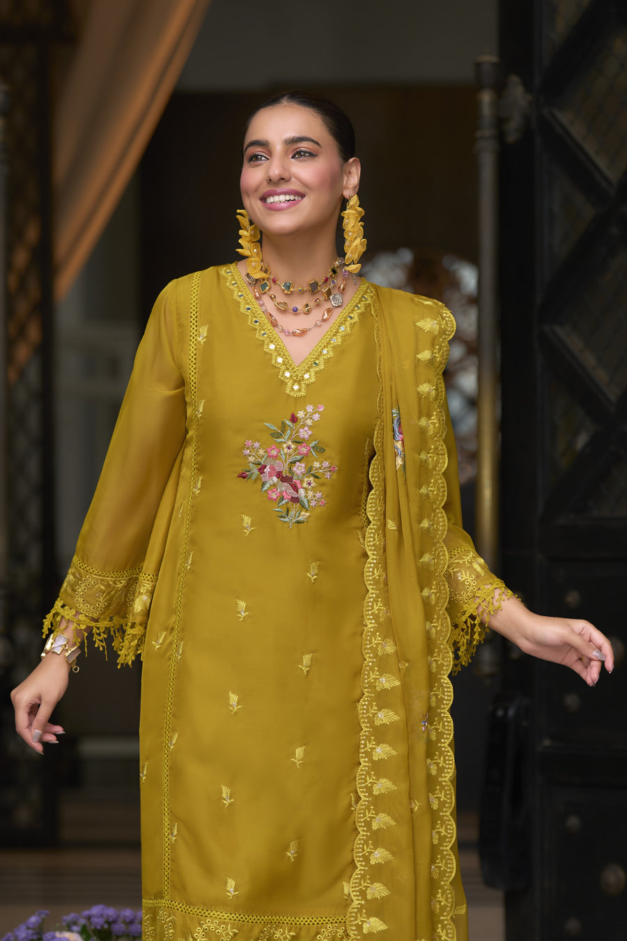 Dark Yellow Blooming Organza Kameez with Pant For Indian Festivals & Weddings - Embroidery Work