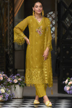 Dark Yellow Blooming Organza Kameez with Pant For Indian Festivals & Weddings - Embroidery Work