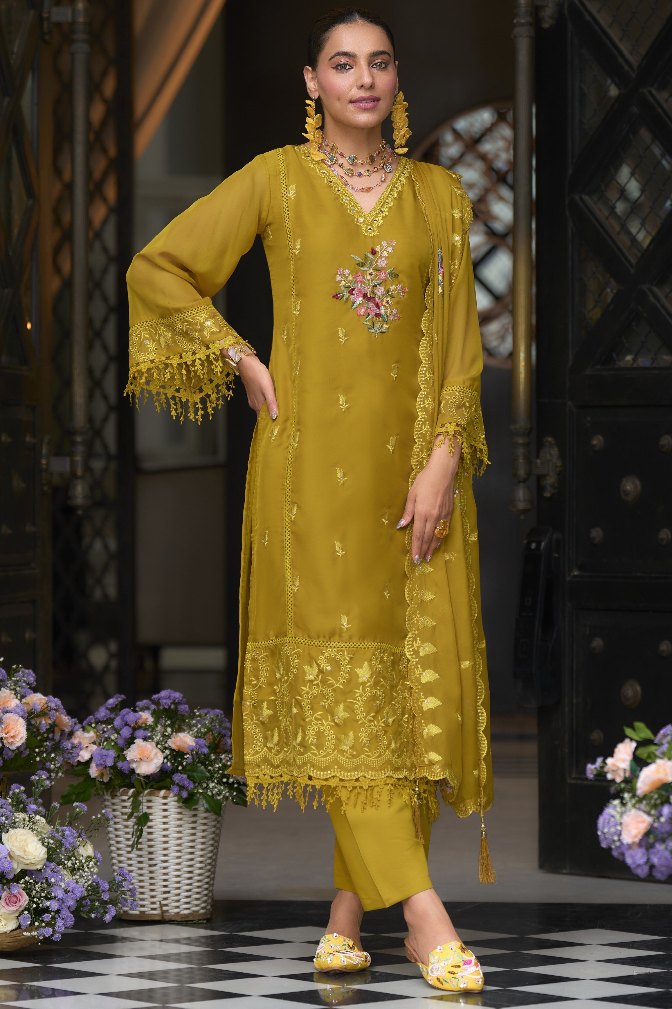 Dark Yellow Blooming Organza Kameez with Pant For Indian Festivals & Weddings - Embroidery Work