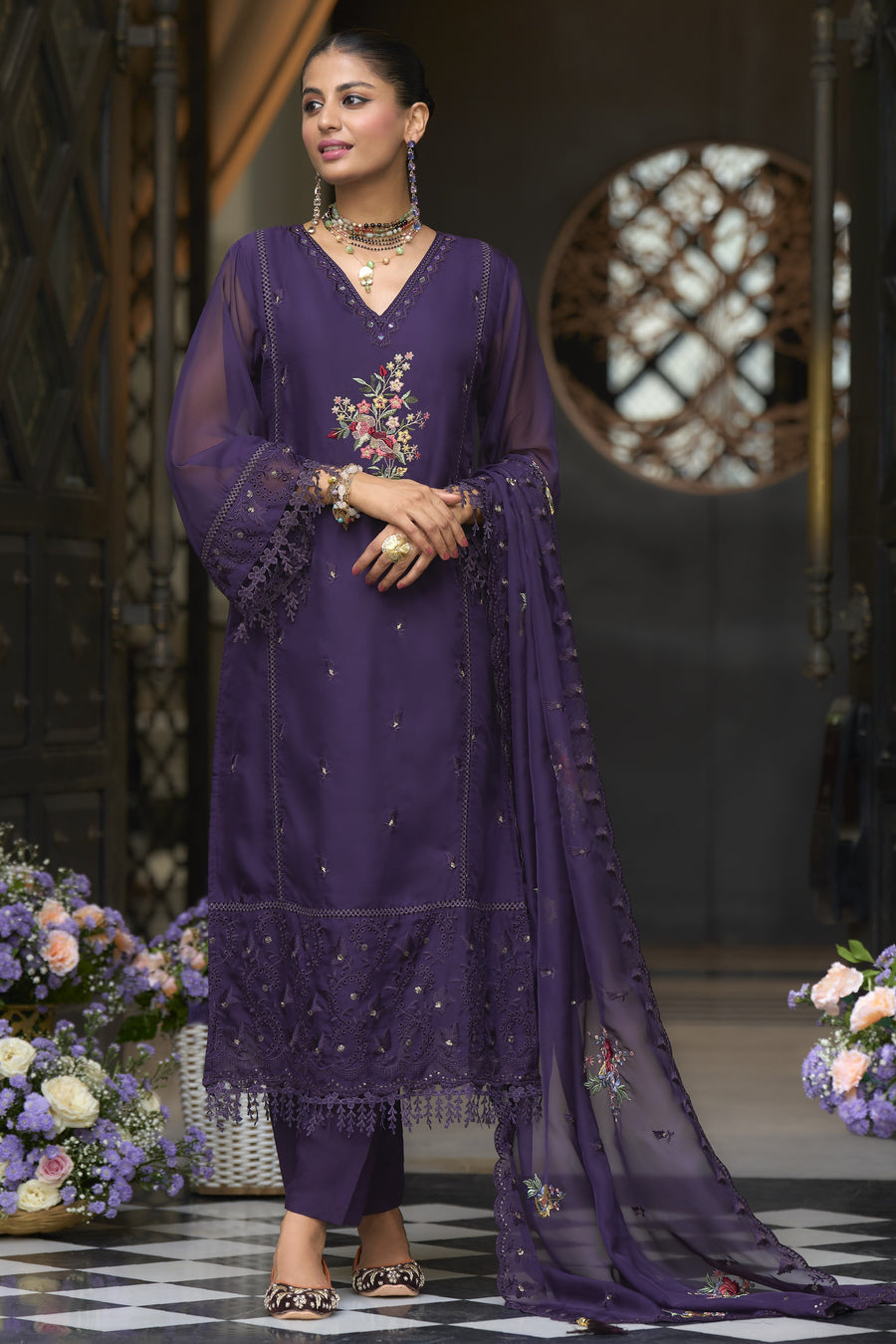 Navy Blue Blooming Organza Kameez with Pant For Indian Festivals & Weddings - Embroidery Work