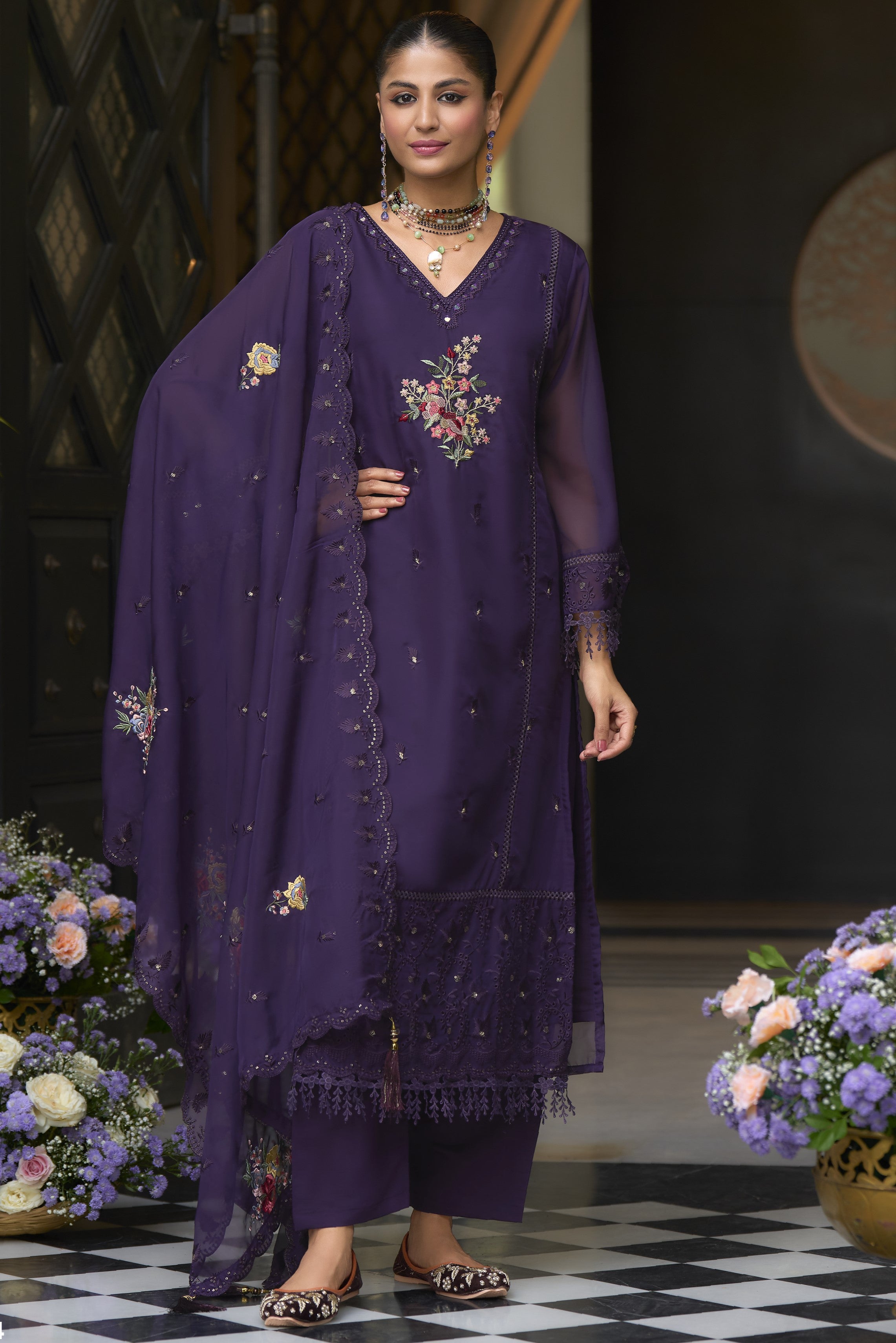 Navy Blue Blooming Organza Kameez with Pant For Indian Festivals & Weddings - Embroidery Work