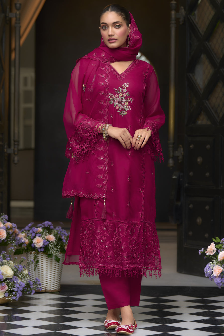 Dark Pink Blooming Organza Kameez with Pant For Indian Festivals & Weddings - Embroidery Work