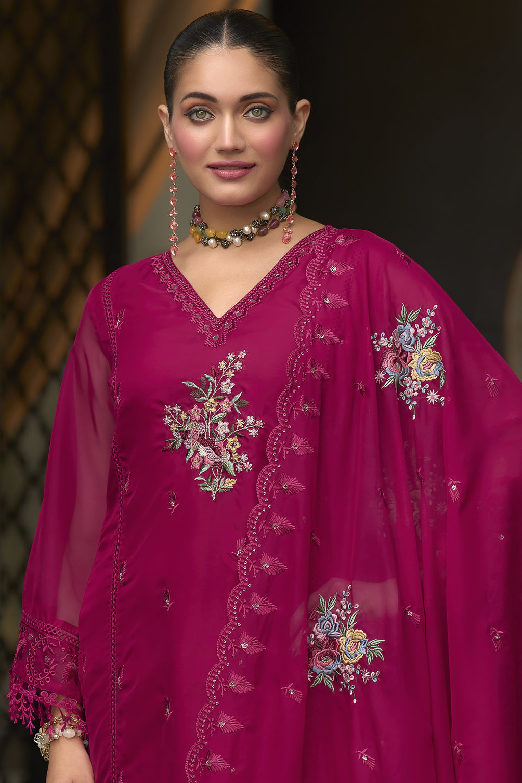Dark Pink Blooming Organza Kameez with Pant For Indian Festivals & Weddings - Embroidery Work
