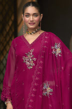 Dark Pink Blooming Organza Kameez with Pant For Indian Festivals & Weddings - Embroidery Work