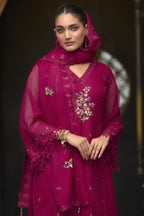 Dark Pink Blooming Organza Kameez with Pant For Indian Festivals & Weddings - Embroidery Work
