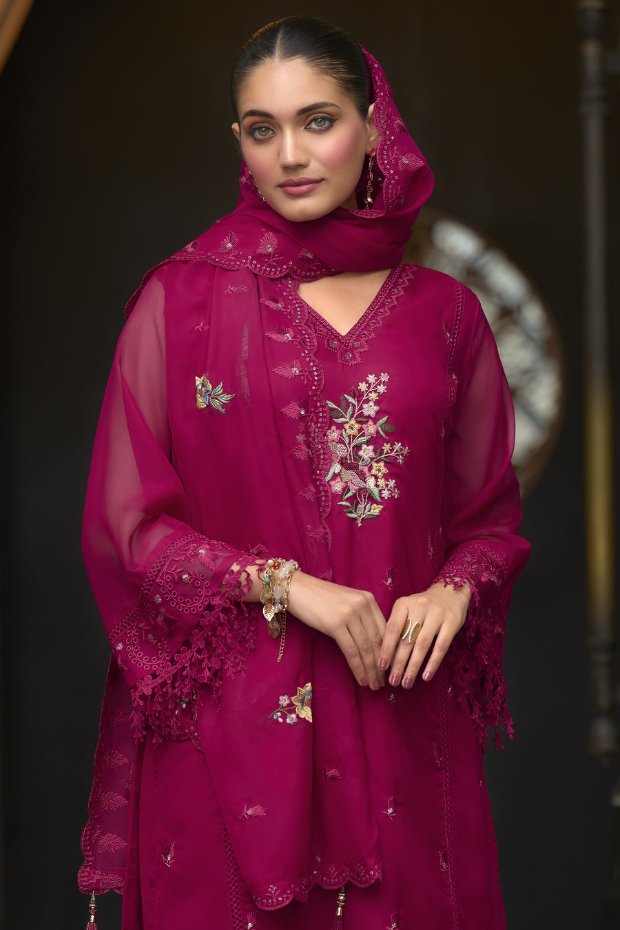 Dark Pink Blooming Organza Kameez with Pant For Indian Festivals & Weddings - Embroidery Work