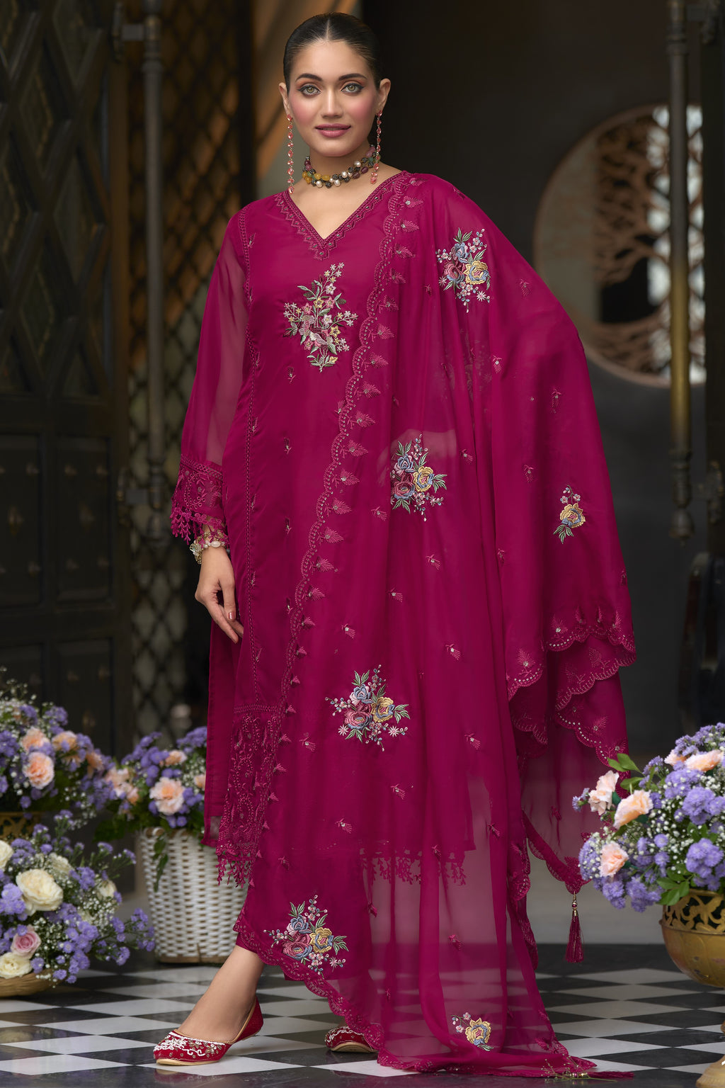 Dark Pink Blooming Organza Kameez with Pant For Indian Festivals & Weddings - Embroidery Work