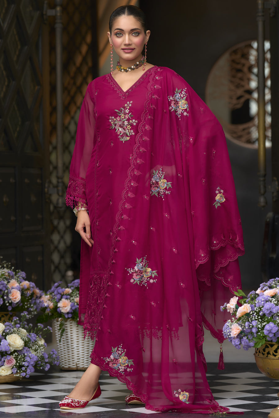 Dark Pink Blooming Organza Kameez with Pant For Indian Festivals & Weddings - Embroidery Work