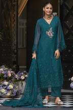 Dark Teal Blooming Organza Kameez with Pant For Indian Festivals & Weddings - Embroidery Work