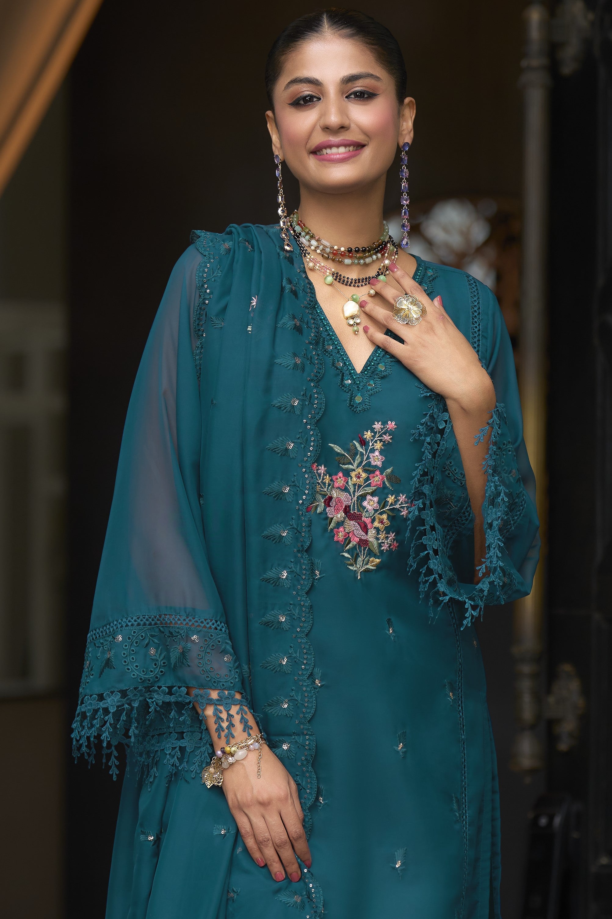 Dark Teal Blooming Organza Kameez with Pant For Indian Festivals & Weddings - Embroidery Work