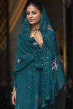 Dark Teal Blooming Organza Kameez with Pant For Indian Festivals & Weddings - Embroidery Work