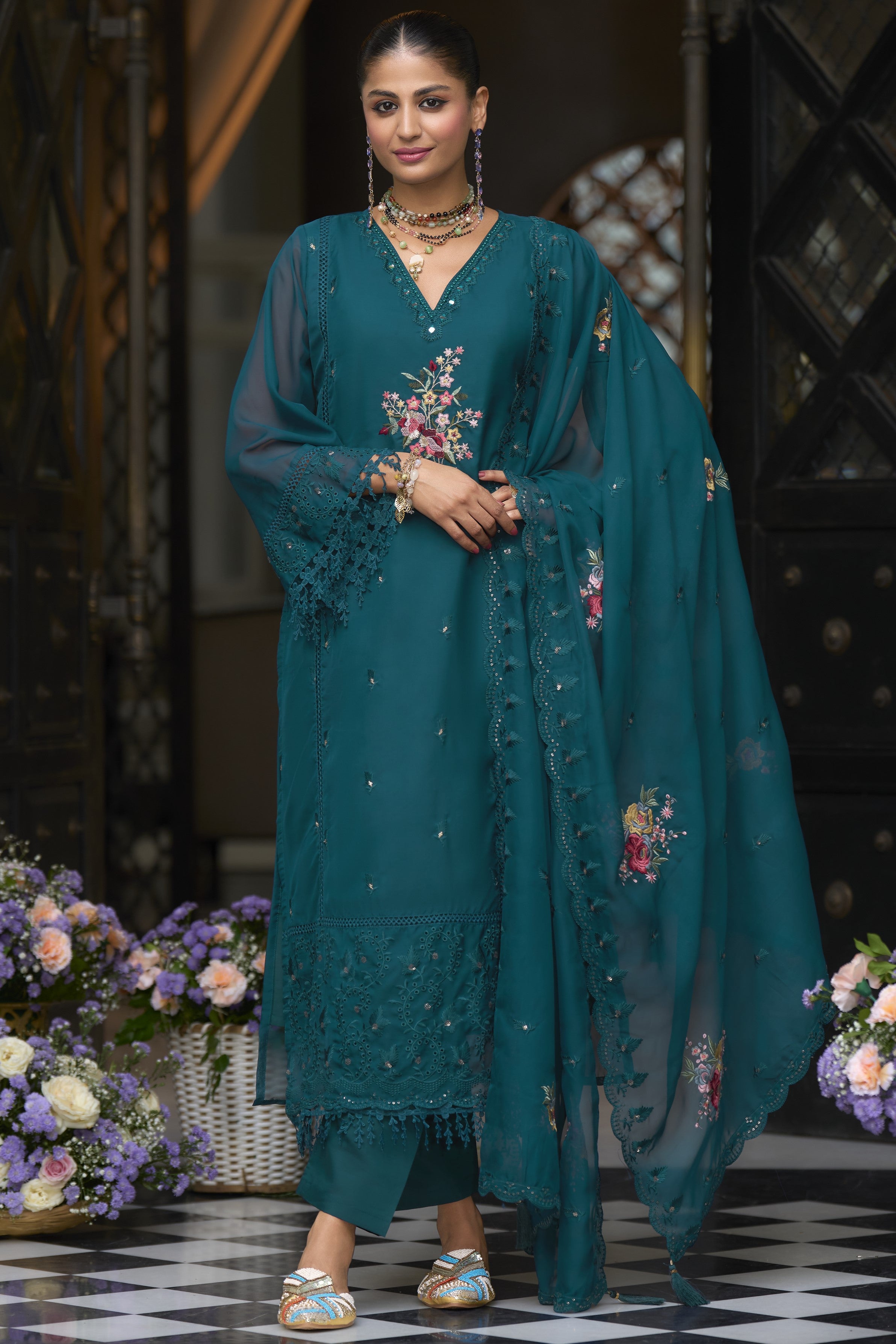 Dark Teal Blooming Organza Kameez with Pant For Indian Festivals & Weddings - Embroidery Work