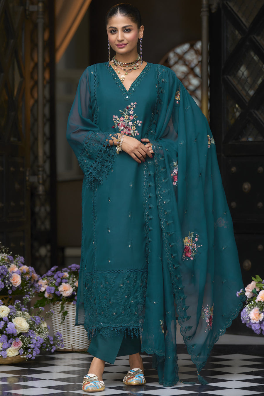 Dark Teal Blooming Organza Kameez with Pant For Indian Festivals & Weddings - Embroidery Work