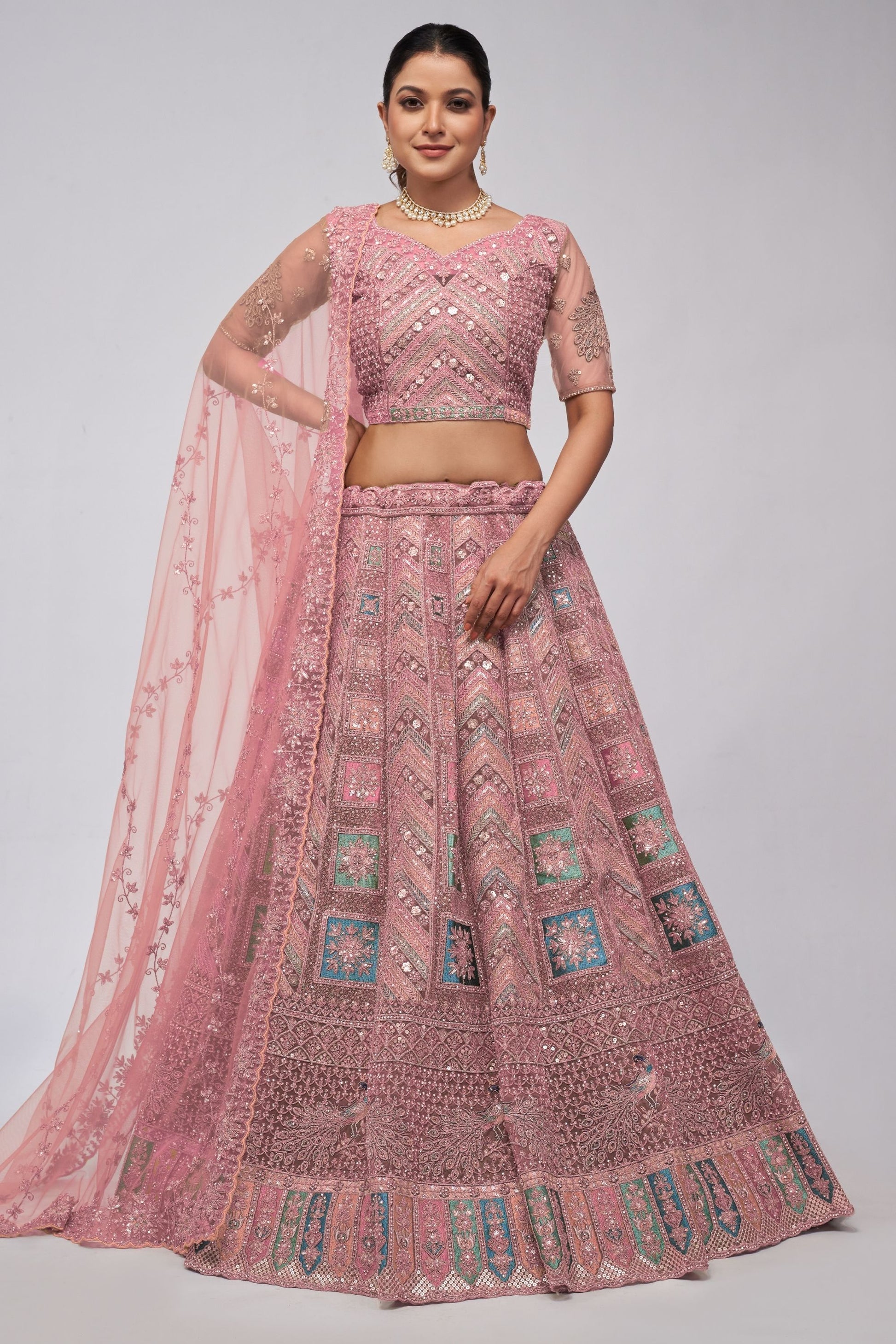 Rose Gold Soft Net Lehenga Choli For Indian Festivals & Weddings - Sequins Work, Dori Work, Zarkan Work, Thread Work