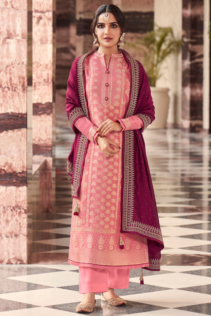 Baby Pink Jacquard Silk Kameez With Pant For Indian Suit Festivals & Pakistani Weddings Dress - Embroidery Work