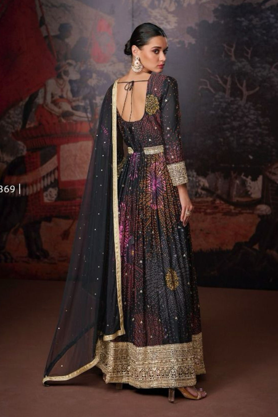 Multicolor Georgette Floor Full Length Flower Printed Anarkali Gown with Front Slit For Indian Festivals & Weddings - Embroidery Work, Print Work