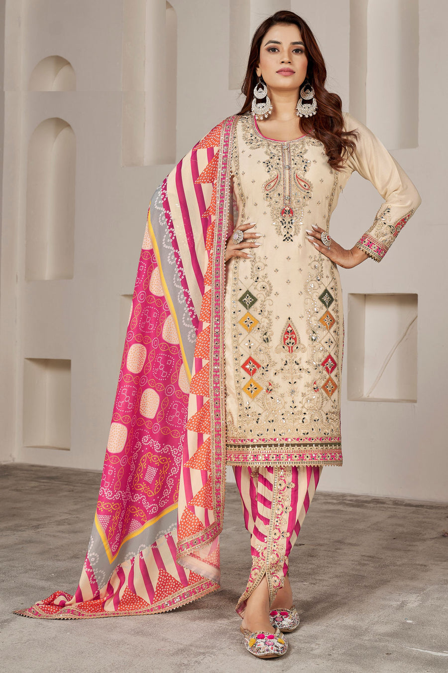 Cream Chinon Silk Salwar Kameez with Dhoti Tulip for Indian Festival & Pakistani Wedding - Sequence Embroidery Work, Dori Work, Print Work, Mirror Work