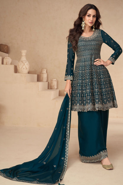 Dark Teal Chinon Silk Plazo Suit For Wedding & Festival - Embroidery Work