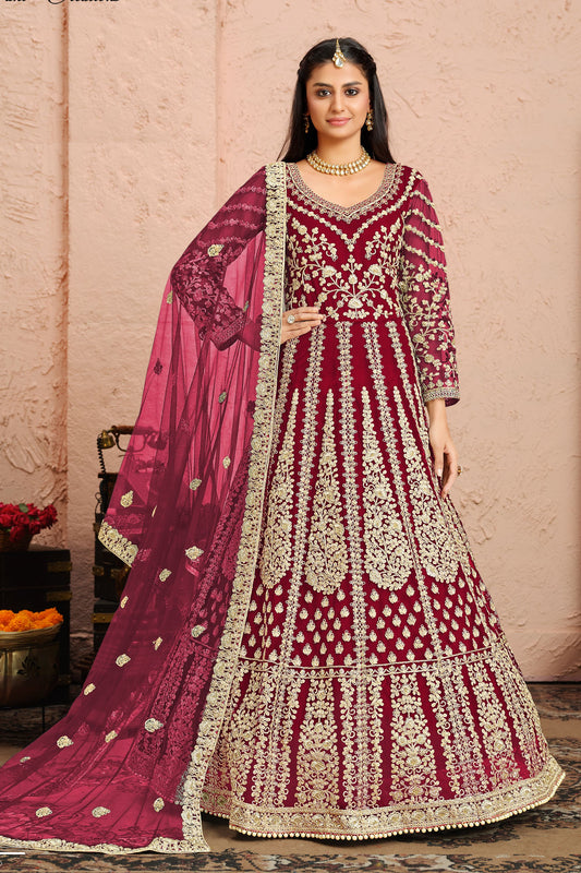 Dark Pink Net Full Floor Length Anarkali Dress For Indian Festivals & Weddings - Embroidery Work