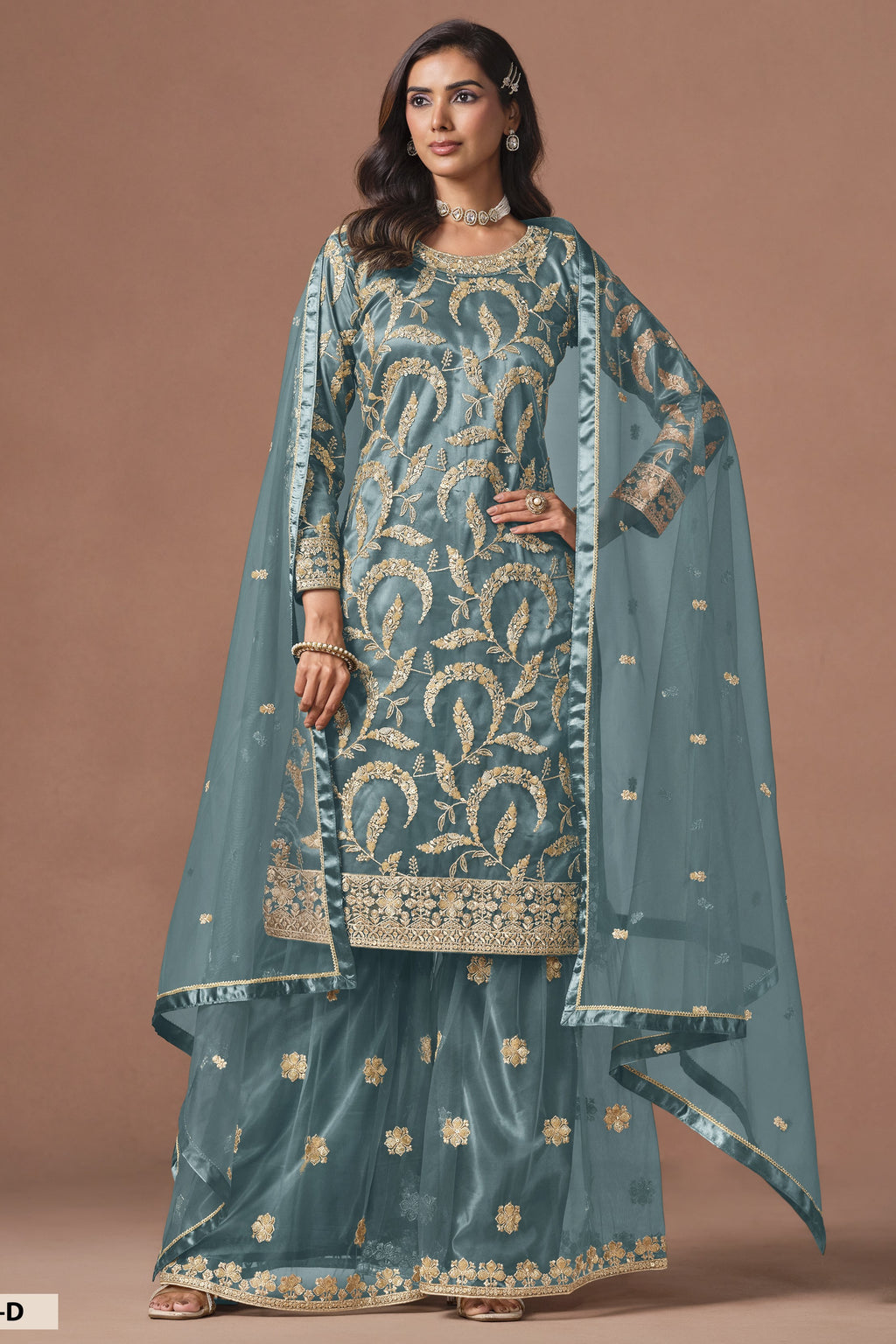 Sky Blue Sharara Suit Style Indian Outfit for Wedding Reception