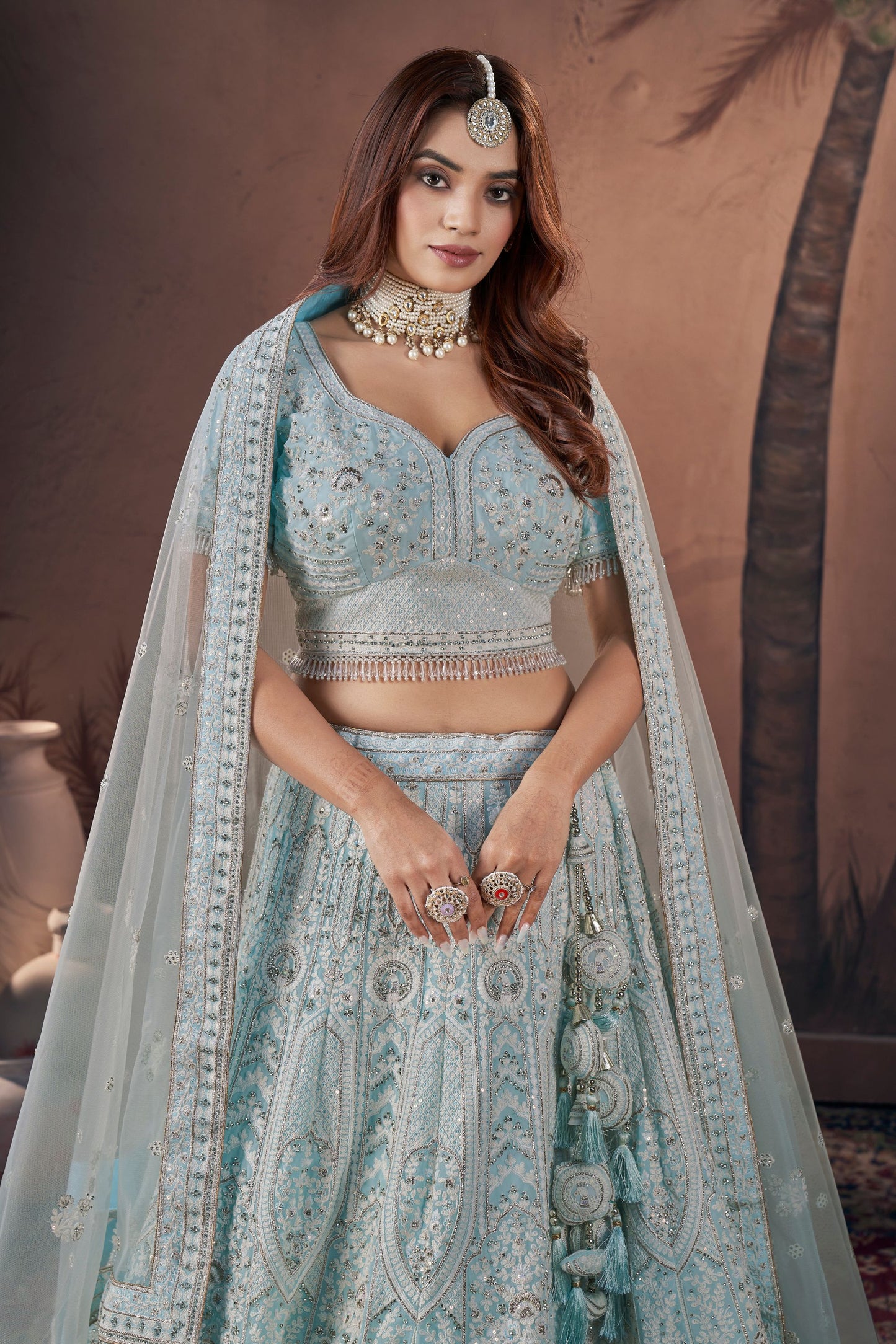 Sky Blue Georgette Lehenga Choli For Indian Festivals & Wedding - Zarkan Work, Sequence Embroidery Work, Thread Embroidery Work