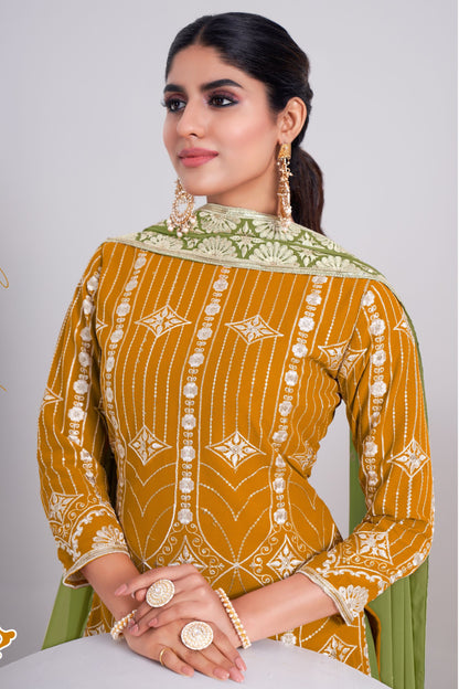 Yellow Pakistani Georgette Sharara For Indian Festivals & Weddings - Sequence Embroidery Work, Thread Embroidery Work,