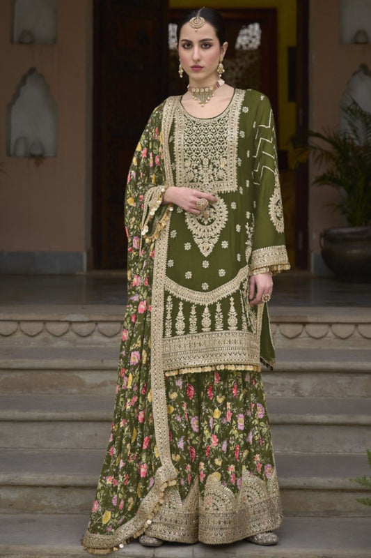 Olive Chinon Silk Kameez with Plazzo And Dupatta For Indian Suit Festivals & Pakistani Weddings - Embroidery Work