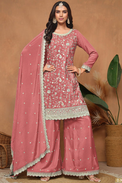 Hot Pink Chinon Silk Palazzo Suit For Indian Festivals & Weddings - Embroidery Work