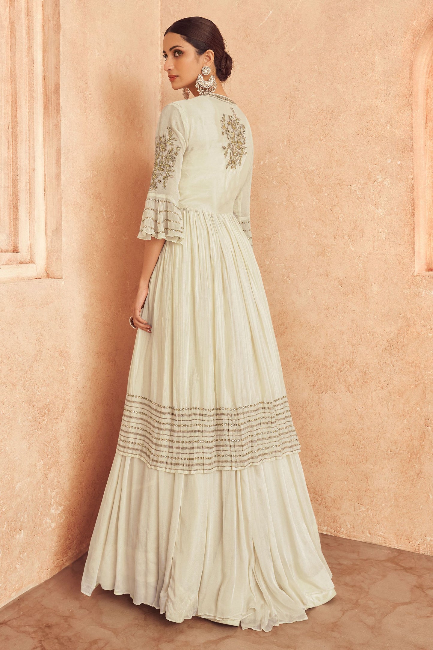 White Pakistani Georgette Anarkali Suits For Indian Festivals & Weddings - Embroidery Work