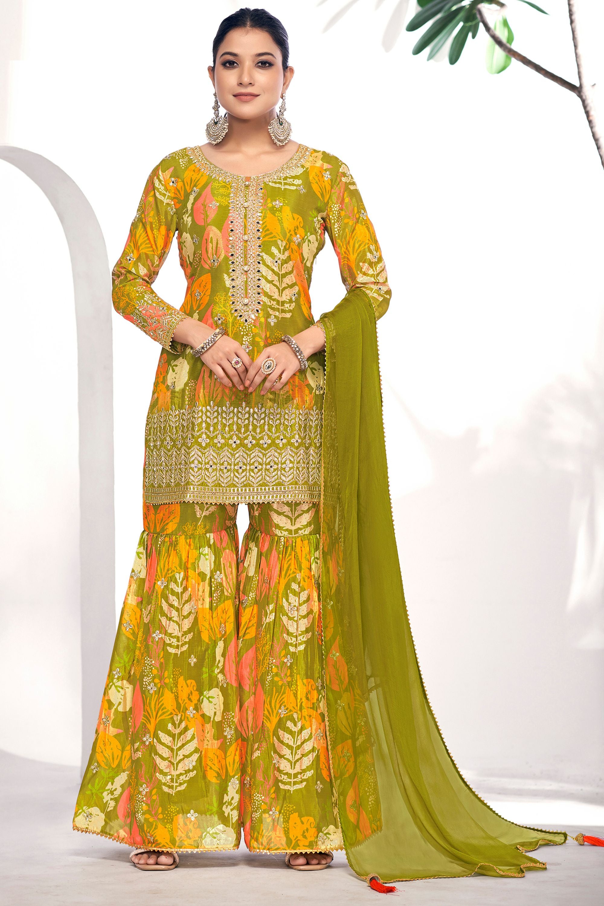 Green Chinon Silk Sharara Suits Dress for Indian Festival & Pakistani Wedding - Thread & Sequence Embroidery Work, Zari Work, Stone & Mirror Work, Print Work