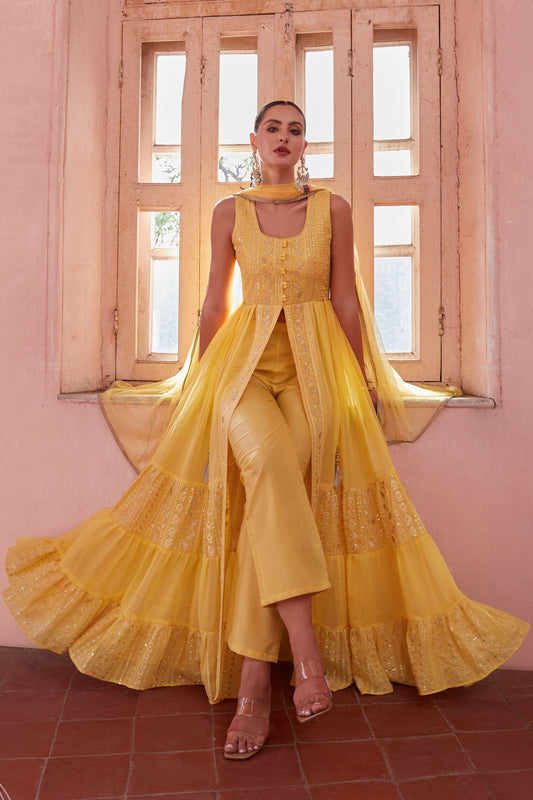 Yellow Georgette Long Anarkali with Front Slit and Pant For Indian Festivals & Weddings - Thread & Sequence Embroidery Work, Zari Work