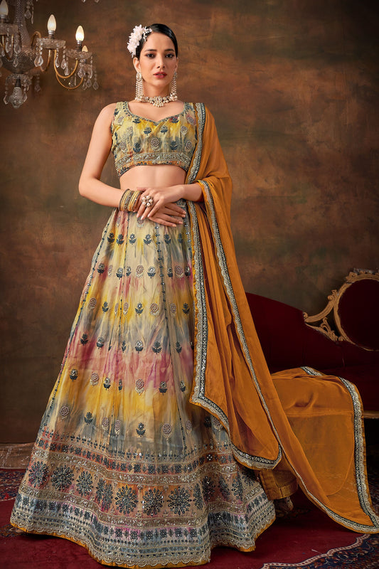 Multicolor Organza Lehenga Choli For Indian Festivals & Weddings - Thread Embroidery Work, Sequence Embroidery Work