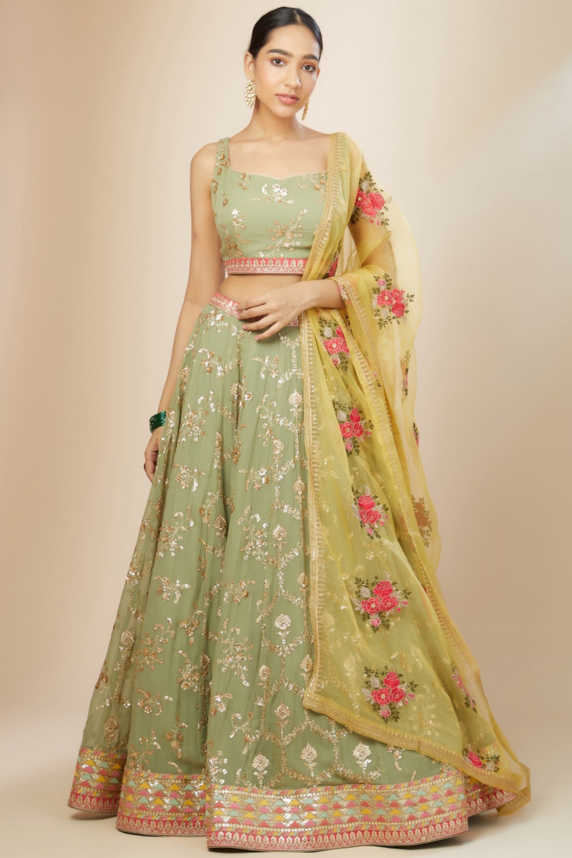 Green Georgette Lehenga Choli For Indian & Pakistani Wedding Festival - Thread Embroidery Work, Sequence Embroidery Work, Print Work, Zari Work