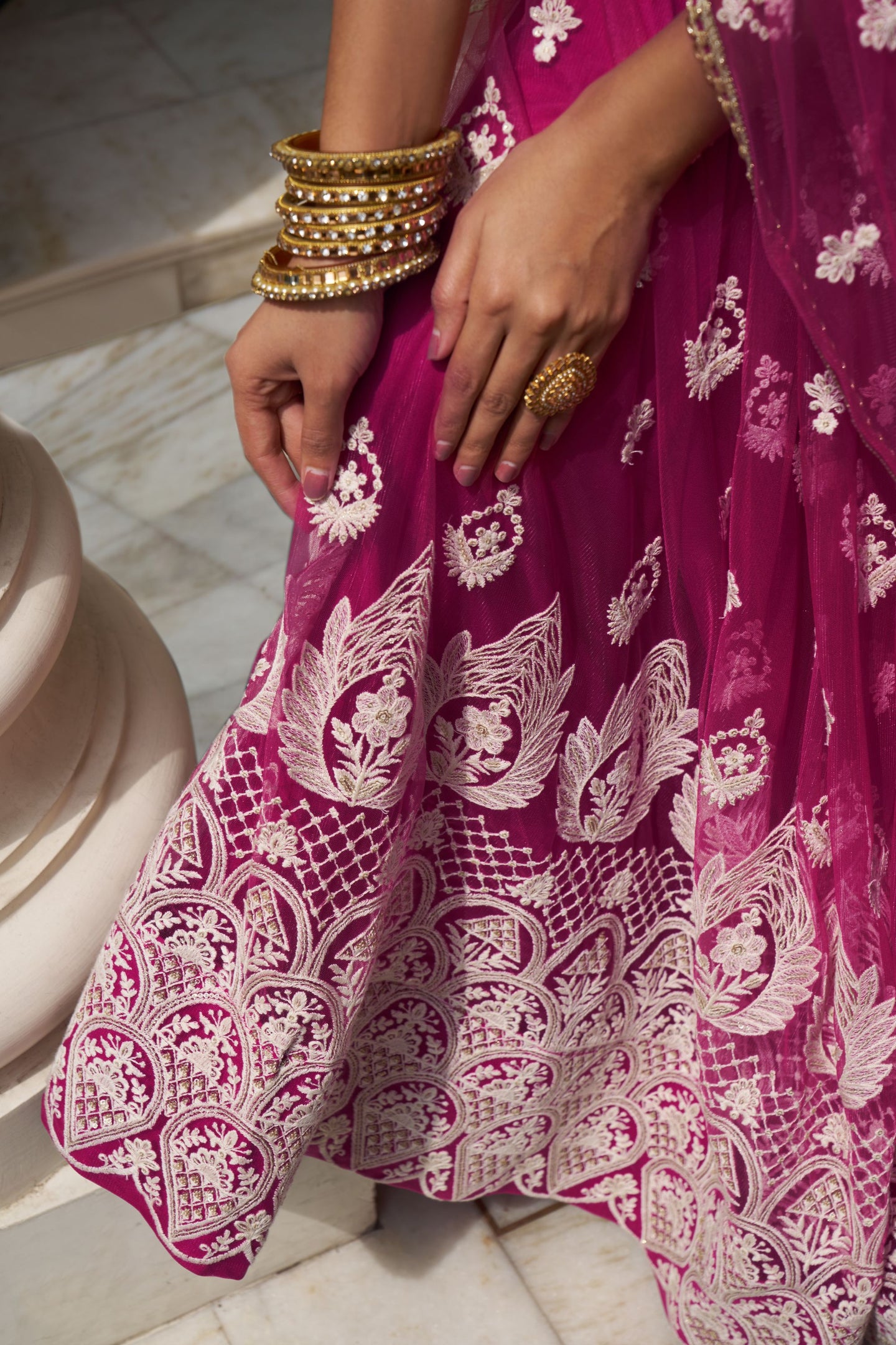 Pink Net Embroidered Lehenga Choli For Indian Festival & Weddings - Thread Embroidery Work, Sequence Embroidery Work
