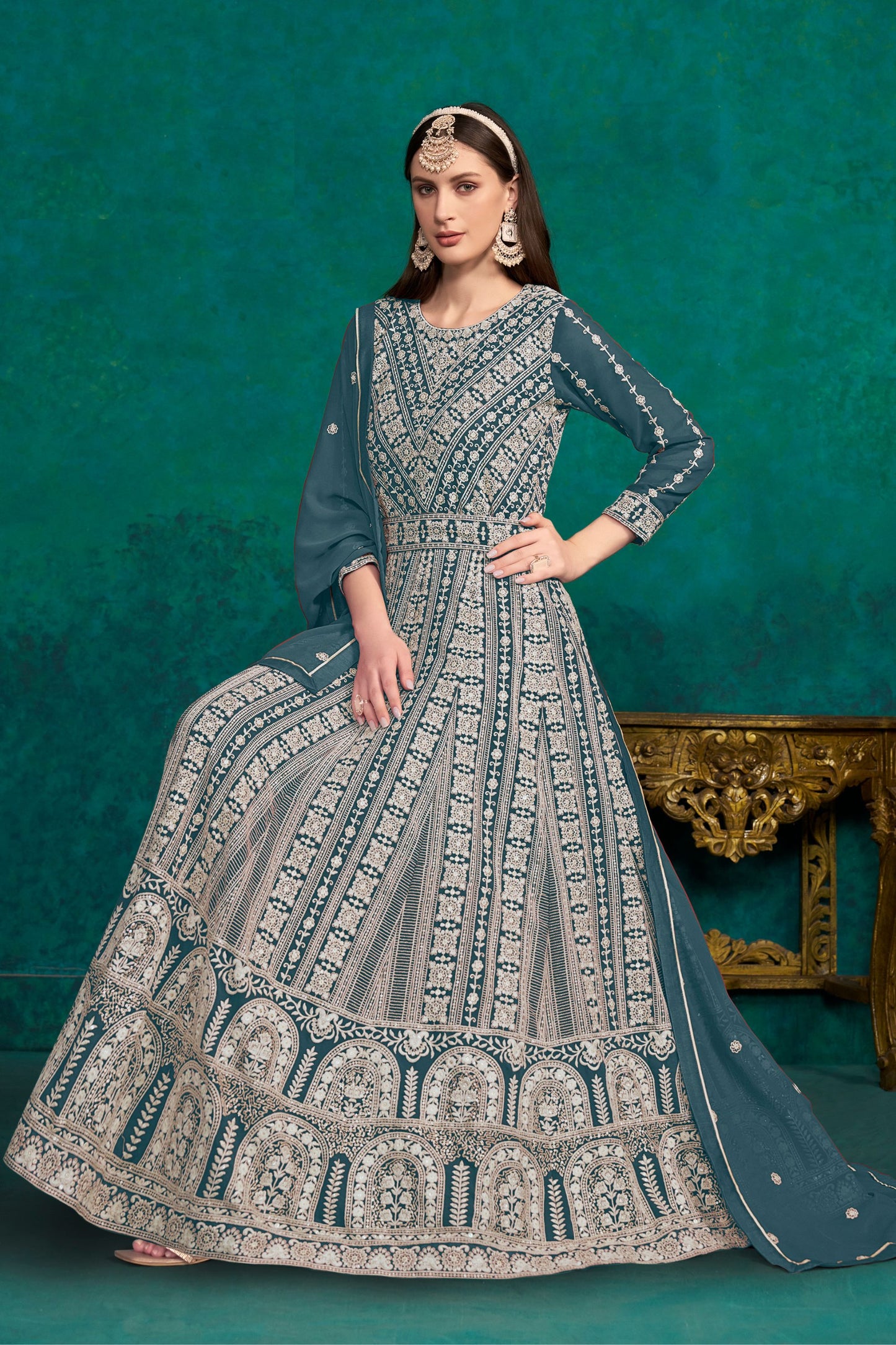 Teal Georgette Full Floor Length Anarkali Dress For Indian Festivals & Weddings - Lucknowi Work