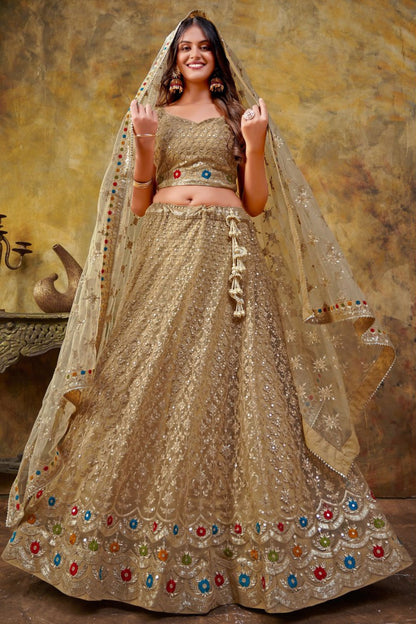 Brown Net Lehenga Choli For Indian Festivals & Weddings - Thread Embroidery Work, Sequence Embroidery Work