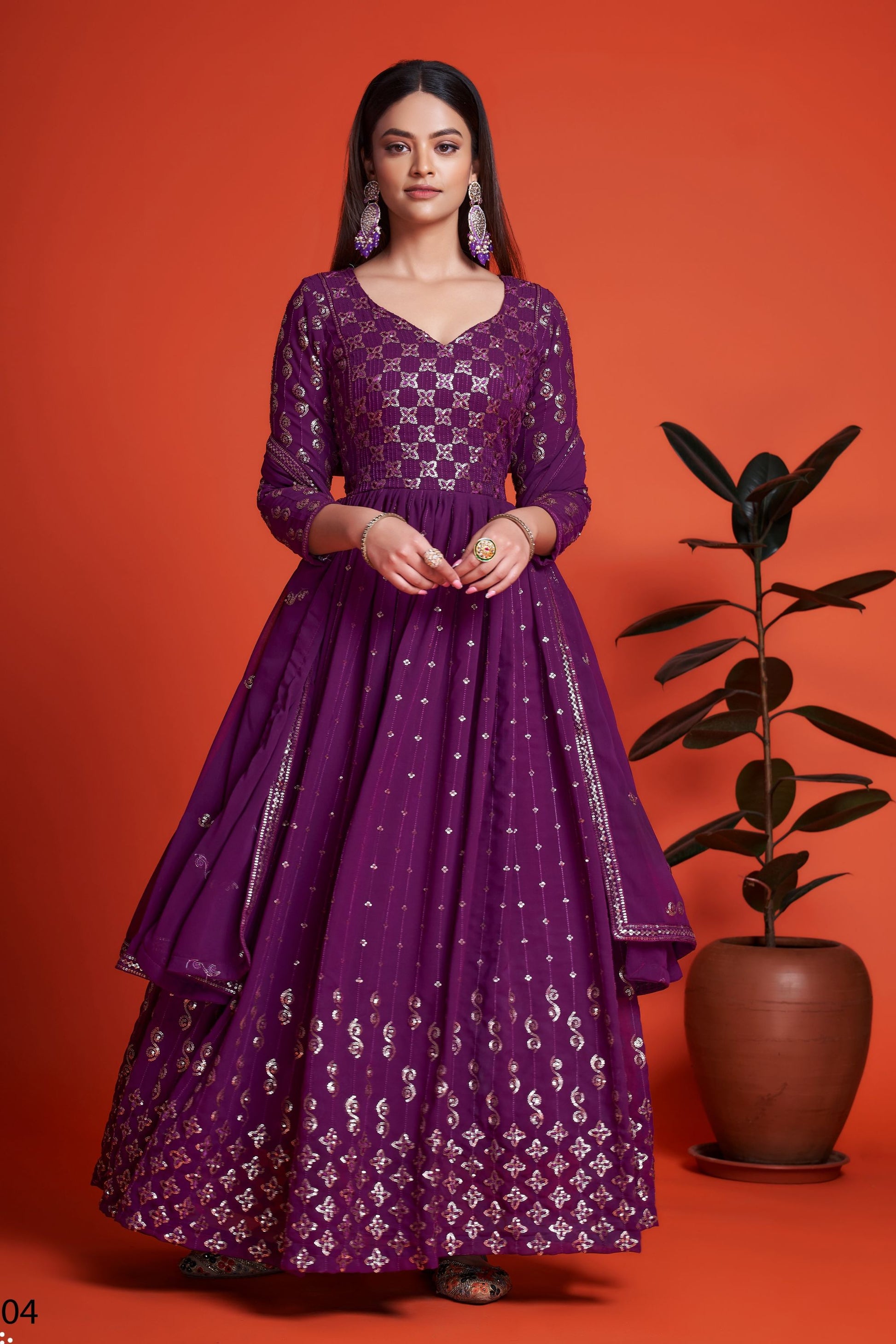 Purple Pakistani Georgette Anarkali Gown For Indian Festivals & Weddings - Sequence Embroidery Work, Thread Embroidery Work,