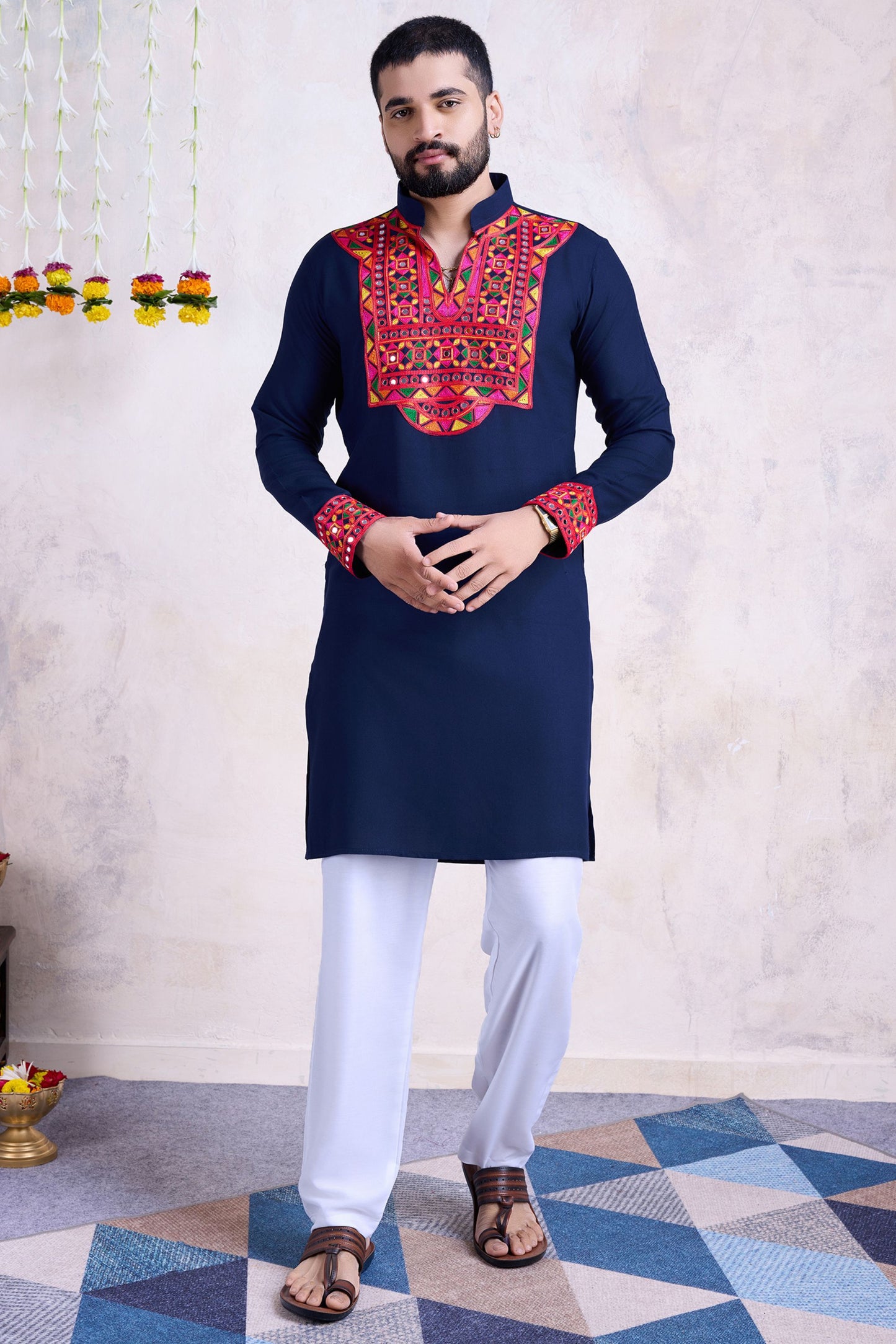 Navy Blue Rayon Kurta Pyjama for Men For Navratri Garba Festivals - Embroidery Work, Real Mirror Work