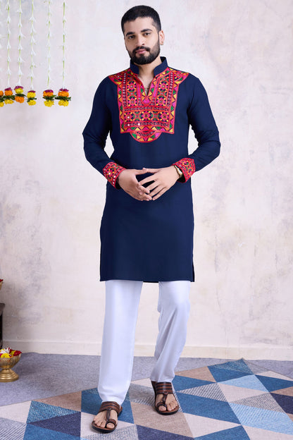 Navy Blue Rayon Kurta Pyjama for Men For Navratri Garba Festivals - Embroidery Work, Real Mirror Work