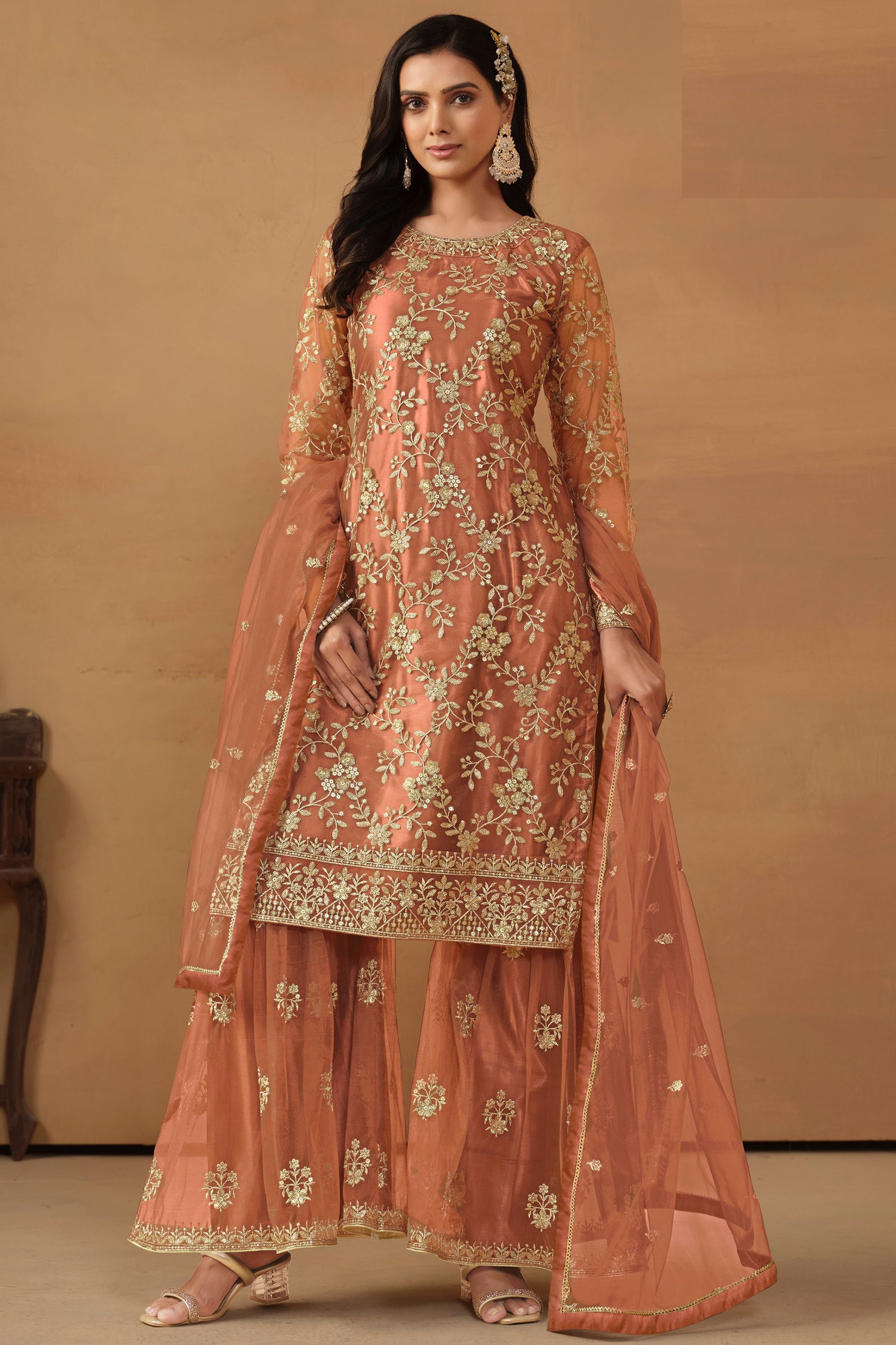 Peach Net Sharara Suit Dress For Indian Festivals & Weddings - Thread & Sequence Embroidery Work