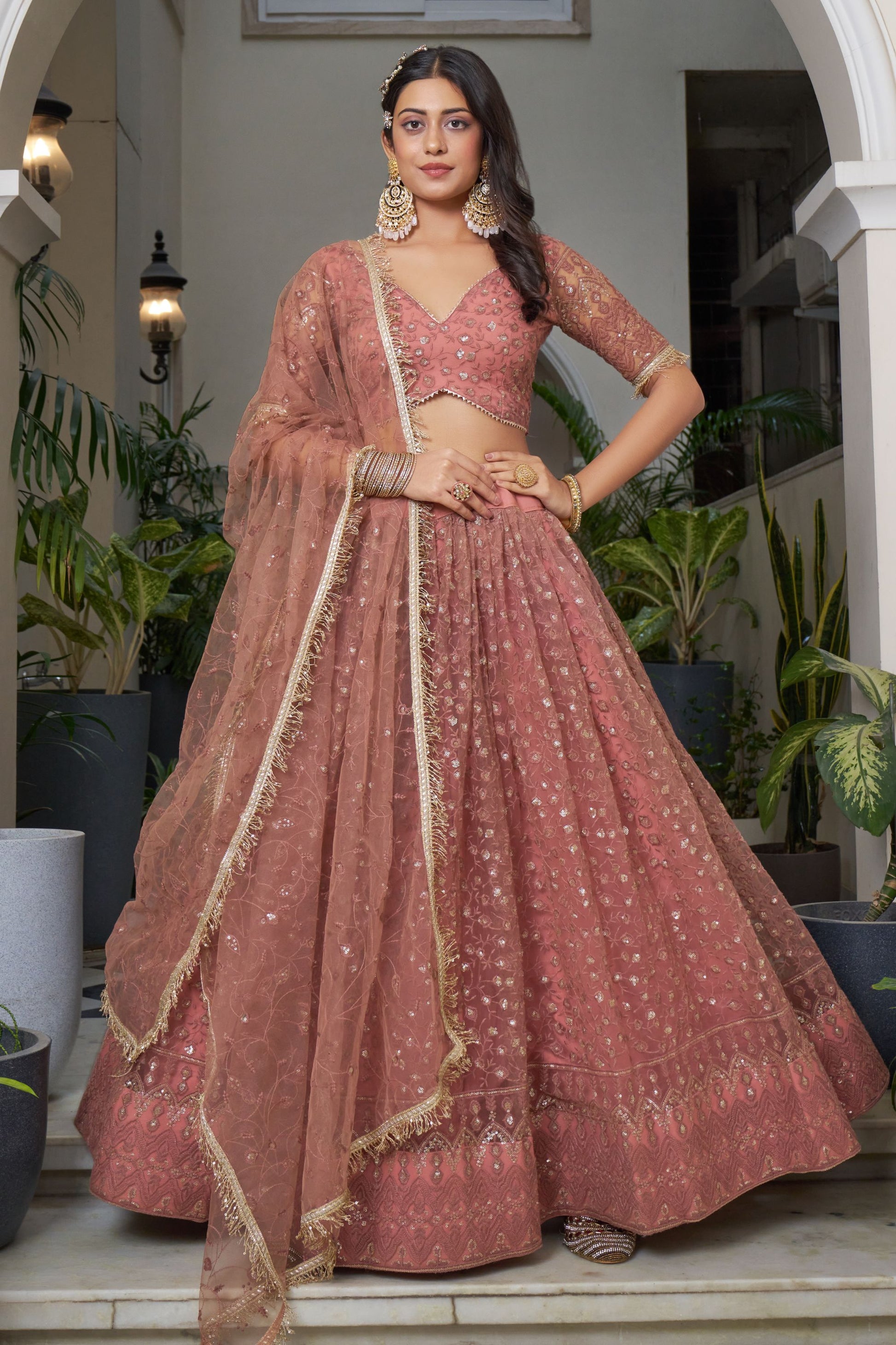 Peach Net Embroidered Lehenga Choli For Indian Festival & Weddings - Embroidery Work