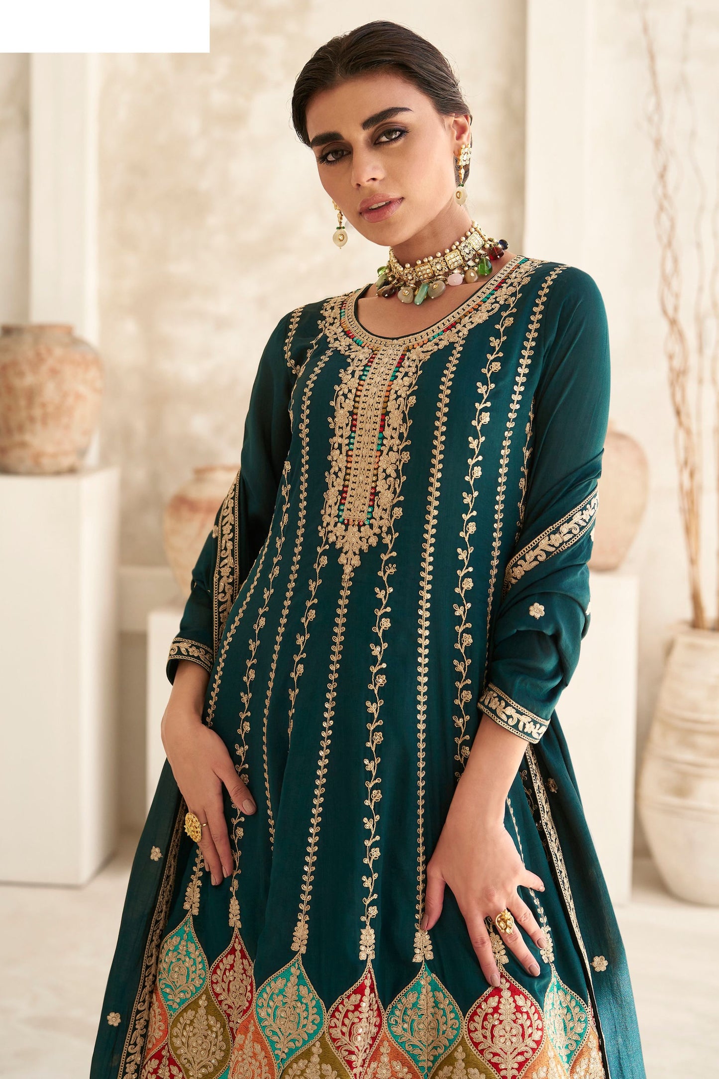 Teal Pakistani Silk Salwar Kameez with Pant For Indian Festivals & Weddings - Thread Embroidery Work