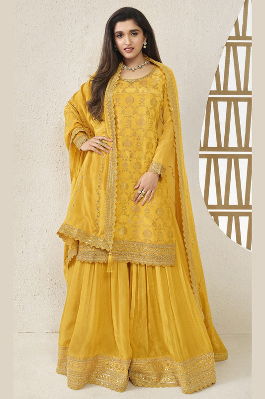 Yellow Jacquard Silk Palazzo Suit For Indian Festivals & Pakistani Plazo Weddings Dress - Embroidery Work