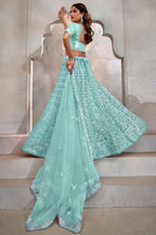 Cyan Net Lehenga Choli For Indian Festival & Weddings - Thread Embroidery Work, Sequence Embroidery Work