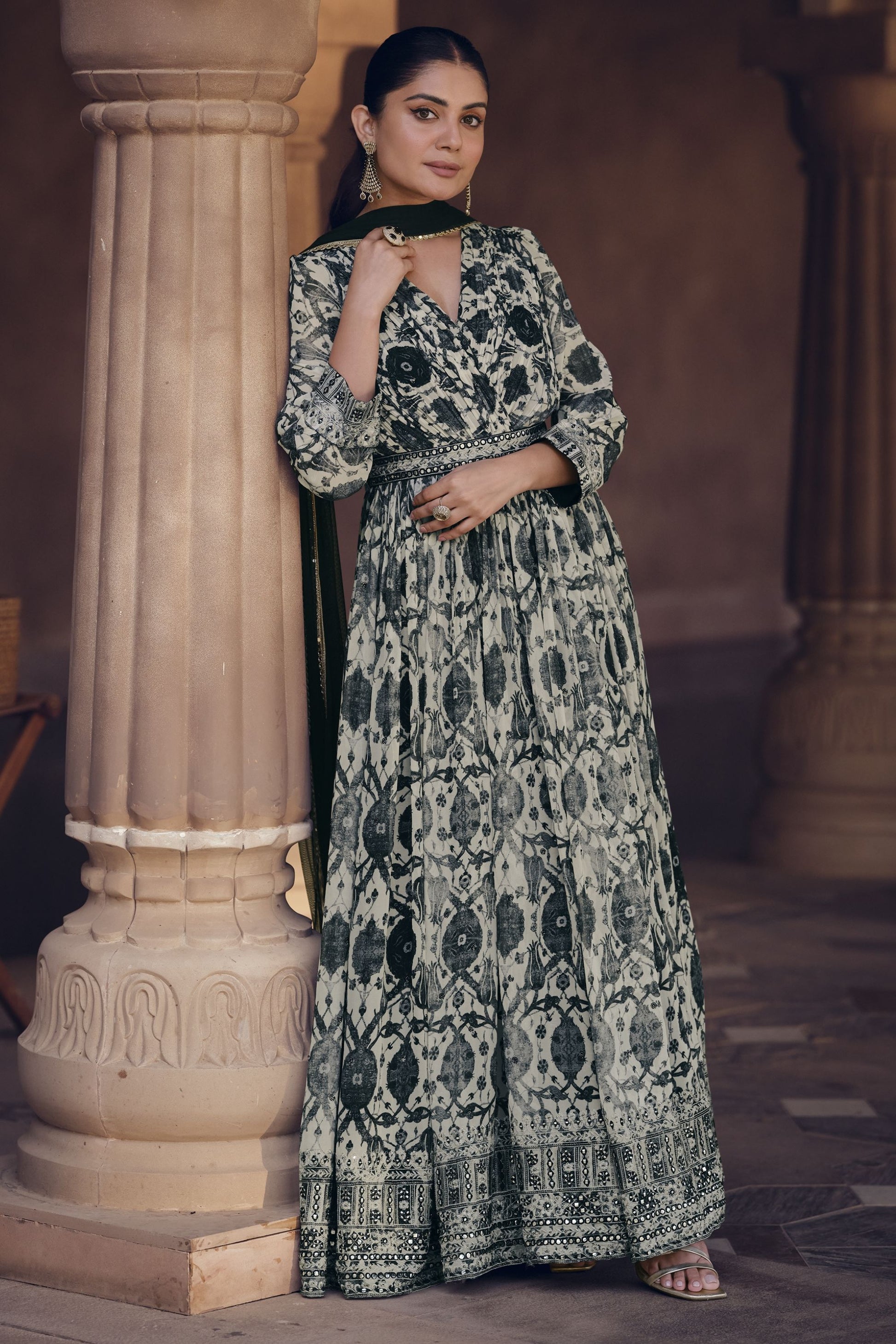 Black Georgette Floor Full Length Flower Printed Anarkali Gown For Indian Festivals & Weddings - Embroidery Work, Print Work