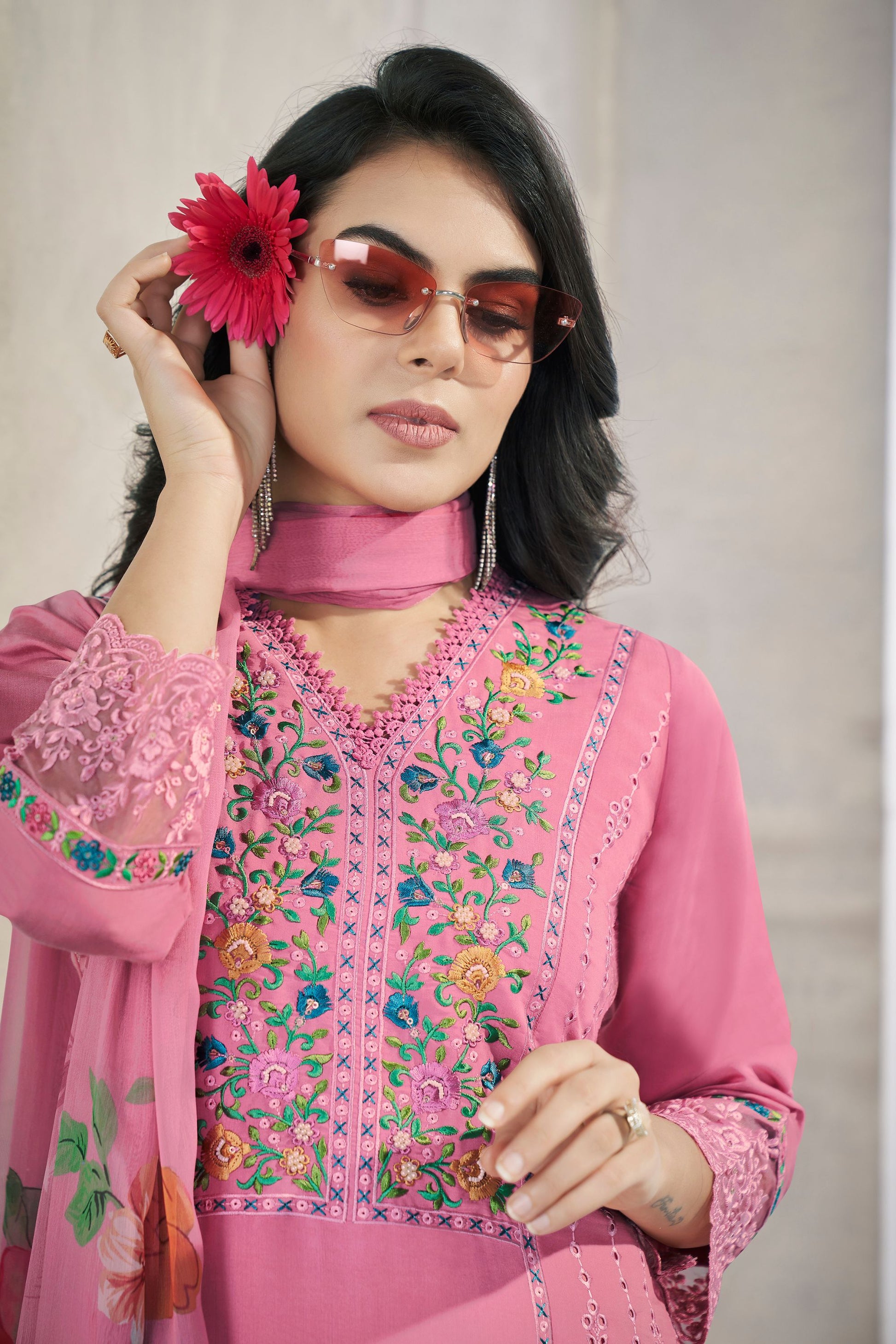 Hot Pink Viscose Silk Kameez with Pant Suit For Indian Festivals & Pakistani Weddings - Embroidery Work. Print Work