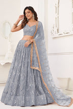 Silver Net Embroidered Lehenga Choli For Indian Festival & Weddings - Embroidery Work