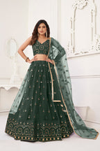 Dark Green Net Lengha Choli For Indian Festivals & Pakistani Weddings Dress - Embroidery Work