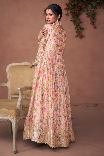 Baby Pink Pakistani Organza Floor Full Length Flower Printed Anarkali Gown For Indian Festivals & Weddings - Embroidery Work, Print Work