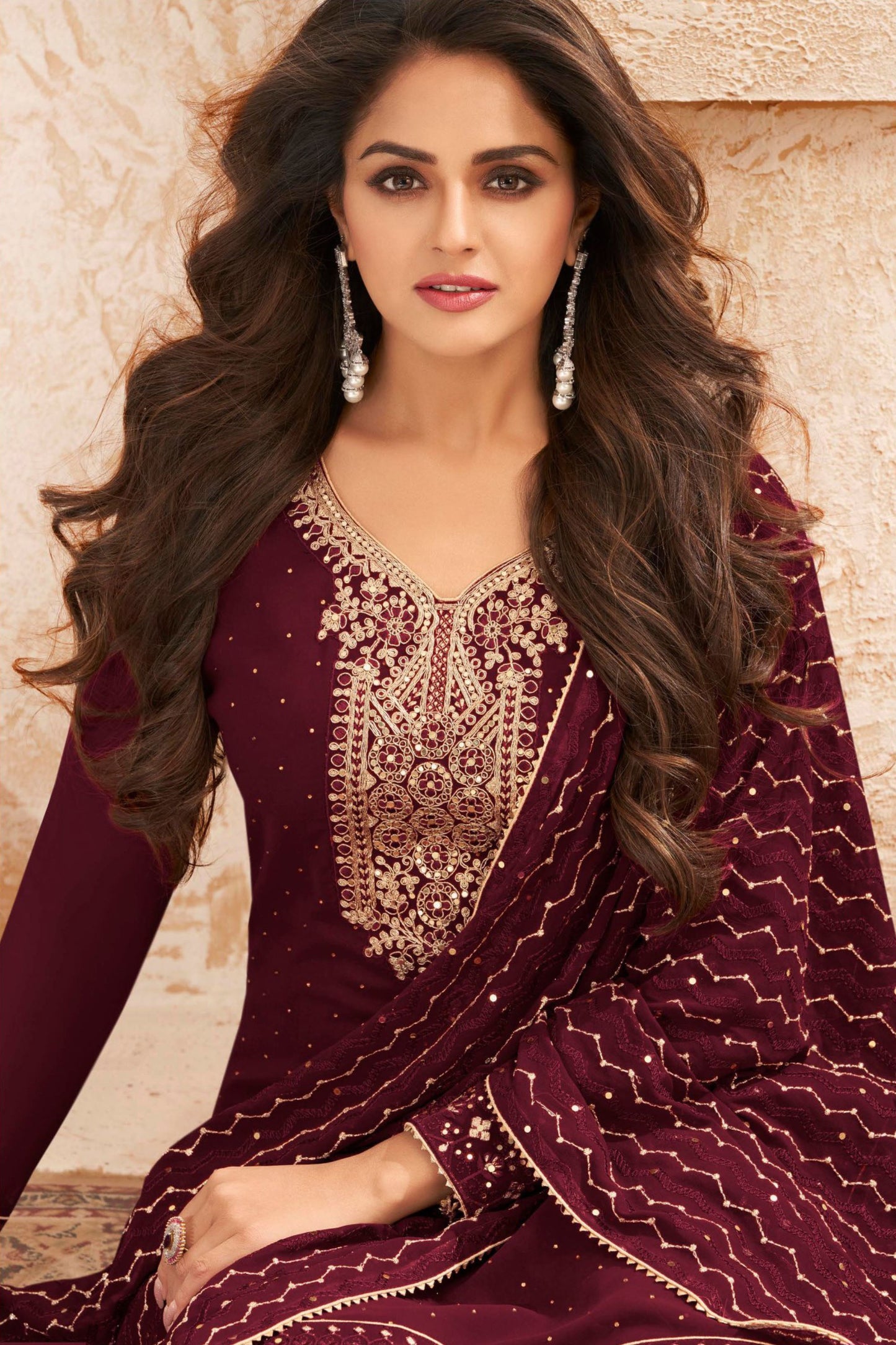 Maroon Georgette Kameez with Pant For Indian Suit Festivals & Weddings - Embroidery Work